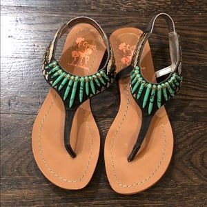 Turquoise Embellished T-Strap Sandals